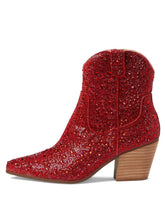 Red Rhinestone Cowgirl Ankle Boots Block Heeled Western Booties